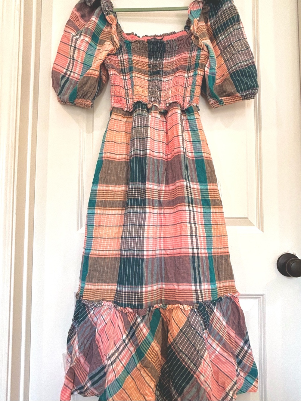 NEW XS/S Vineyard Vines Plaid Linen Smocked Puff-Sleeve Midi Dress Plaid Pink